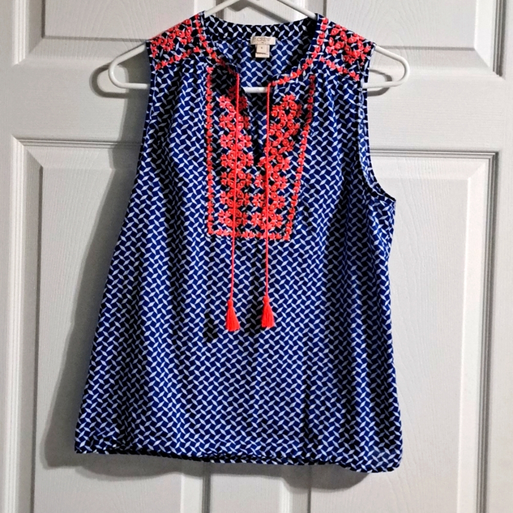 J Crew Sleeveless Blue and White Top with Embroidered Pattern